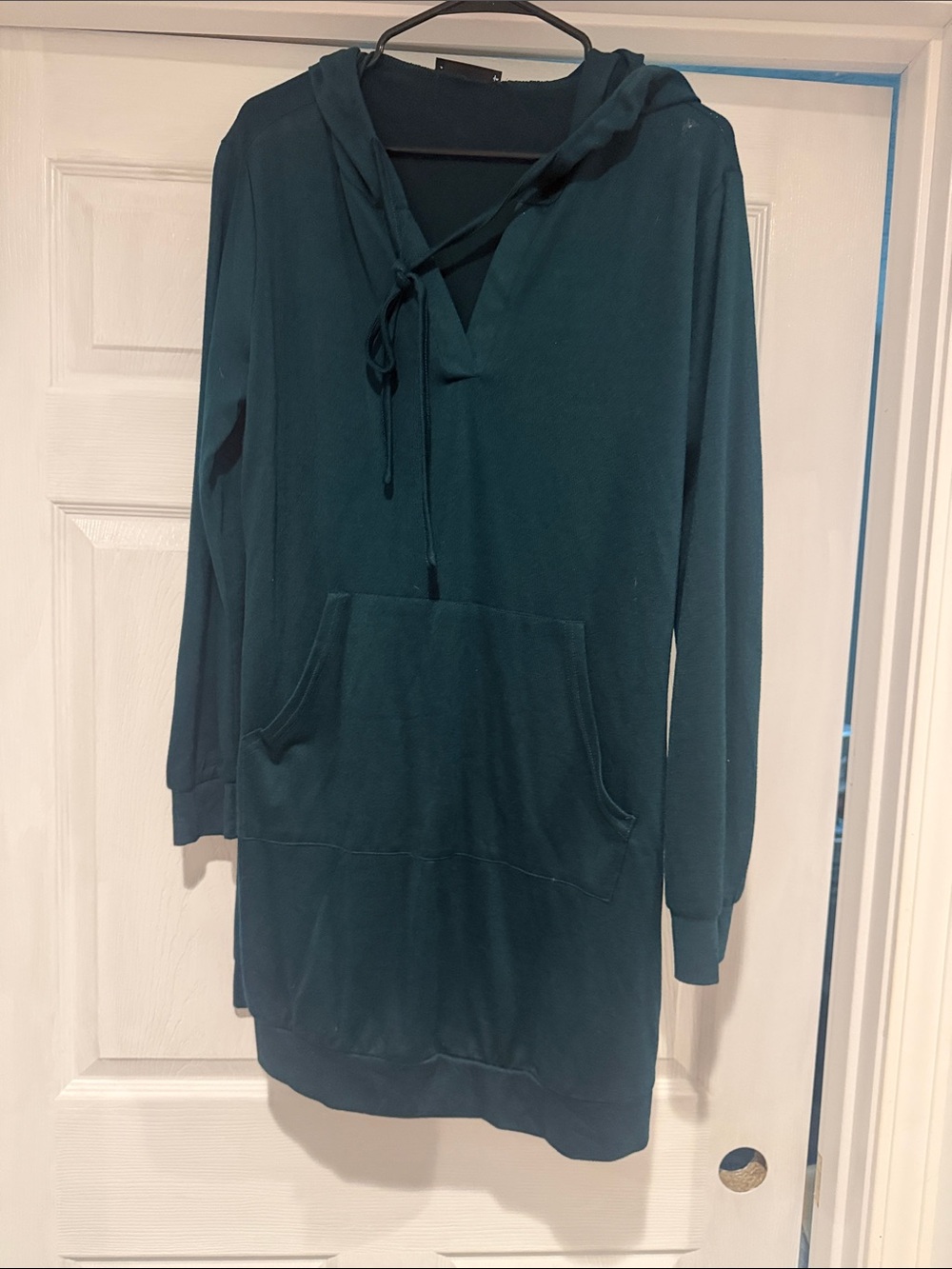 SHEIN Teal V-Neck Hooded Pullover Sweater Dress
